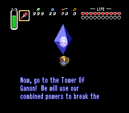 A screenshot of The Legend of Zelda: A Link to the Past.

The protagonist, Link, is standing in front of a floating, blue crystal containing Princess Zelda, who says the following:

"Now, go to the Tower Of Ganon! We will user our combined powers to break the"

(continuing in the next screenshot)