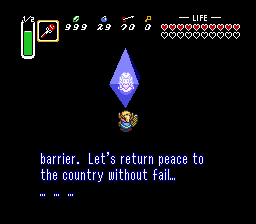 A screenshot of The Legend of Zelda: A Link to the Past.

The protagonist, Link, is standing in front of a floating, blue crystal containing Princess Zelda, who says the following, continued from the previous screenshot:

"barrier. Let's return peace to the country without fail... ... ... ..."