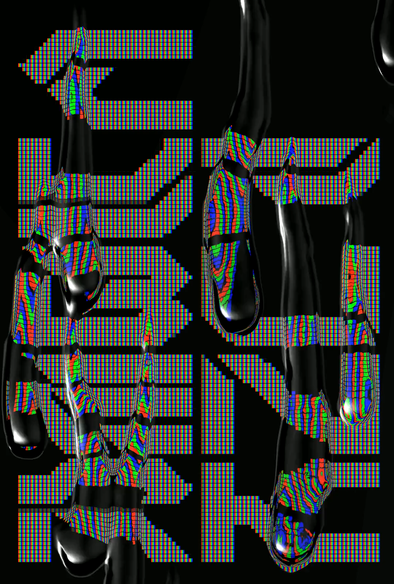 Simulated oil running down an LED screen with the word “CYBERPUNK” written on it, creating colorful refractions (logo by Götz Gramlich, led/drop simulation by Holger Förterer)