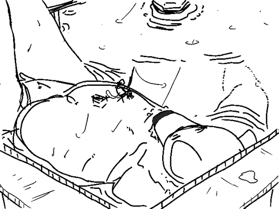 A kaiju bear rests in the water between piers. A fisher sits on his stomach, while another boat has pulled in with a line cast. It is lightly raining.