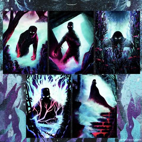 universal monster set
black monster silhouette art against spooky blue and red 
wolfman, mummy, creature from black lagoon, frankenstein, dracula
art by Carly A-F
