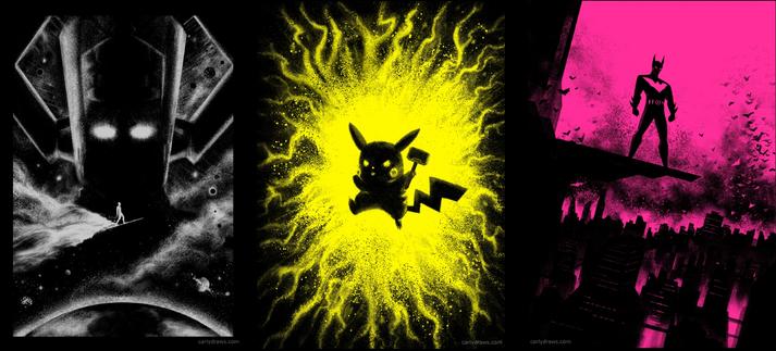 trio of grot prints by Carly A-F
herald- silver riso print on black
thunder- black on fluro yellow
neon knight- black on fluro pink