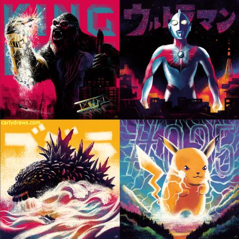 MONSTER BATTLE
four kaiju in colourful crunchy style
art by Carly A-F