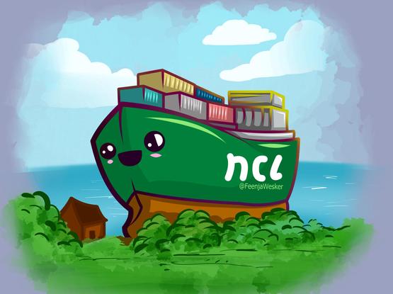 Zeichnung des Containerschiffs, welches in Norwegen in einen Garten gefahren ist. Es ist sehr niedlich und comichaft gehalten. Das Schiff ist oben Grün und unten Orange. Auf der Seite steht in großer weißer Schrift NCL und darunter der Name der Künstlerin (Feenja Wesker)
Auf dem Schiff stehen verschiedenfarbige Container. Vor ihm sieht man ein Haus und Bäume. Der Hintergrund besteht aus einem blauen Himmel mit Wolken und dem Meer.
Das Containerschiff hat an der vorderseite ein großes, lachendes Gesicht.