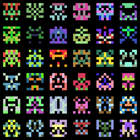 a 6x6 grid of multicolored 7x7 pixel aliens a la space invaders