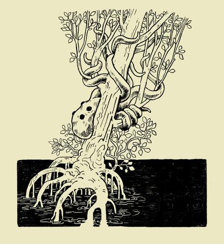 Drawing of a 4-eyed octopus on a tree in the mangroves.