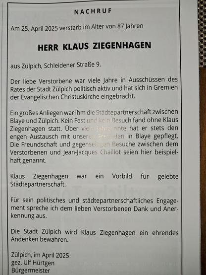 Nachruf Klaus Ziegenhagen Zülpich