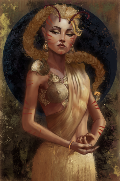 Lady Vaeol Yaranevae of Son, a Lashunta Damaya Outriders and Psychic
Rose-gold hair braided with her temples shaven. Ruddy skin stripes on golden brown skin. Wearing a metallic breast halter and skirt under a golden bodyshroud draped over her left shoulder.
Artist: Krystyna Nowek