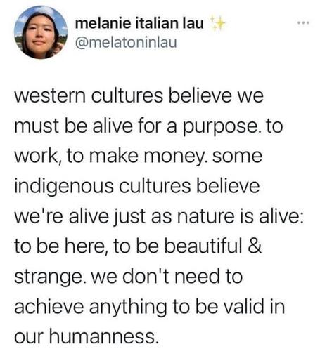 western cultures believe we must be alive for a purpose. to work, to make money. some indigenous cultures believe we're alive just as nature is alive: to be here, to be beautiful & strange. we don't need to achieve anything to be valid in our humanness.