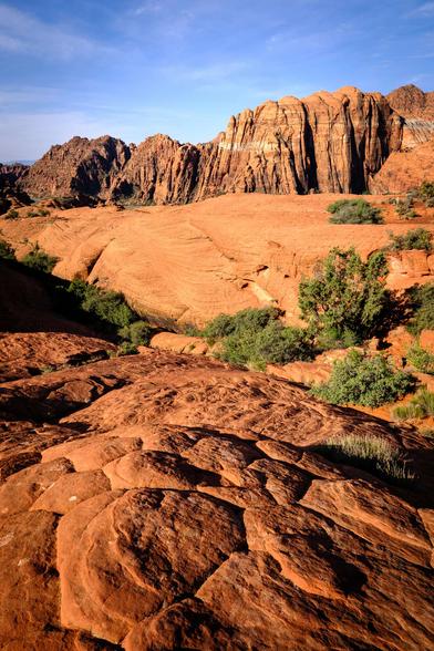 A landscape of red sandstone formations with layered textures and a few green shrubs. The scene shows rocky terrain in the foreground and larger rock cliffs and hills in the background under a blue sky.