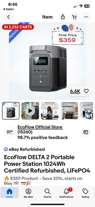 EcoFlow Delta 2 solar generator is portable backup power. Also a UPS. Charges in about an hour, add solar panels