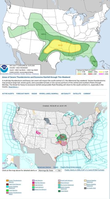 Scattered severe thunderstorms should occur across parts of the southern Plains to the Southeast today. Damaging winds, large hail and a few tornadoes are all possible. Isolated very large hail greater than 2 inches in diameter may also occur across the southern Plains.
WeatherAwareDay #weather #wx #SPC #TheOutPost #SevereWeather  


Areas of Severe Thunderstorms and Excessive Rainfall through This Weekend
A multi-day thunderstorm and heavy rain event will impact the south-central U.S. this Memorial Day weekend. Severe thunderstorms may produce large hail, severe gusts, and a possible tornado or two across portions of the central and southern Plains through Monday. The threat for heavy to excessive rainfall and possible flash flooding will return to the south-central U.S., especially in the Ozarks