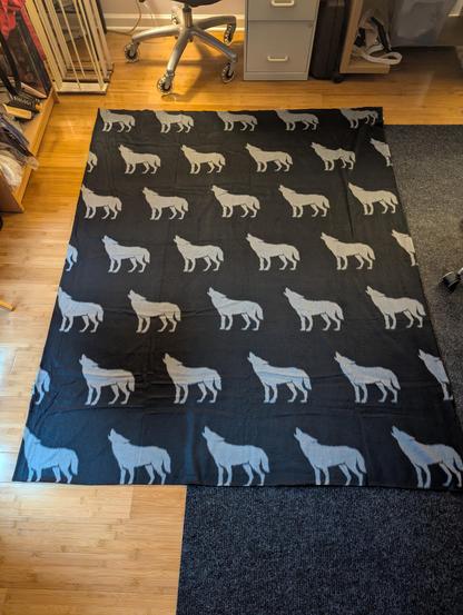 The backside of the large wolf blanket pre-tie showing wolf silhouettes