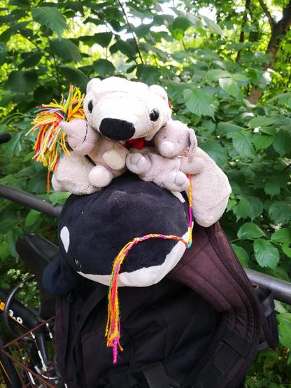 Ein Rucksack in einem Fahrradkorb, ein Orca auf dem Rucksack, ein Einhorn, ein Elefanty und ein Eisbär auf dem Orca.
Und alle zusammen im Grünen.