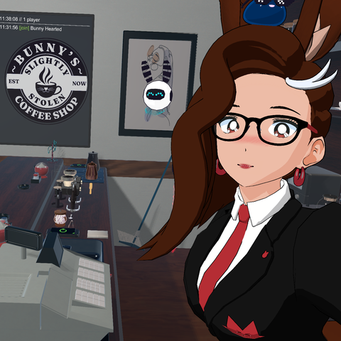 Bunnyhearted slightly smiling in a vr selfie from a cafe, which has a "bunny's slightly stolen coffee shop!" logo on the wall! Bunny is a white retro anime bunnygirl villain vtuber with floofy brown hair, glasses, and a cool slime on her head. She's currently in a black and red suit, and a small bunny robot is hovering nearby (bunbot!).
