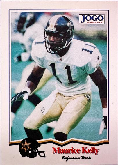 A trading card featuring an American football player, number 11, in a white and black uniform. The card includes the player's name, Maurice Kelly, and the logo of JOGO Incorporated.