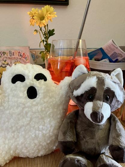 Schnappschuss: meine beiden neuen Schnuffelis: links ein Stoffgespenst, rechts ein Plüsch-Waschbär.