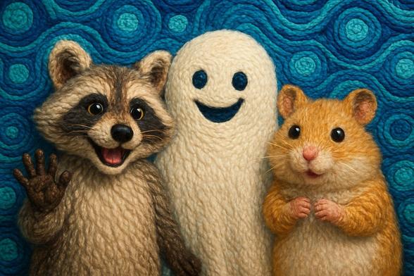 KI-Bild (GPT1 Medium):

Woody Waschbär, Spensti und Hamster Holly vor stilisiertem Ozeanhintergrund. Die drei winken fröhlich!