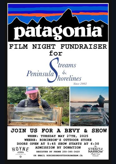 Event poster. The top includes the Patagonia logo, depicting a silhouetted mountain range in black, layered over blue, white, and orange stripes. Bold, sans-serif text announces "FILM NIGHT FUNDRAISER for Streams & Shorelines," logo in flowing script. Below logos, are rectangular photos: on the left, a smiling woman holding a clear box with a live trout inside; on the right, a silhouetted person fishing in a clear box on the water at sunset. Below are details like "JOIN US FOR A BEVY & SHOW," followed by event specifics rendered in blocky sans-serif text also includes sponsor logos: "Hoyne Brewing Co." and "The Strait & Narrow Pacific Coast Cocktails". The background color is solid black.