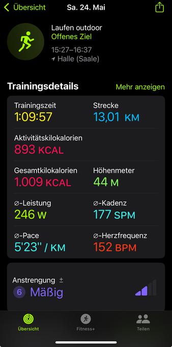 Bildschirmfoto aus Trainings-App mit Trainingszeit 1:09:57, Strecke: 13 km, 246 W, 44 Höhenmeter, durchschnittliche pace 5‘23“, 152 bpm Herzfrequenz