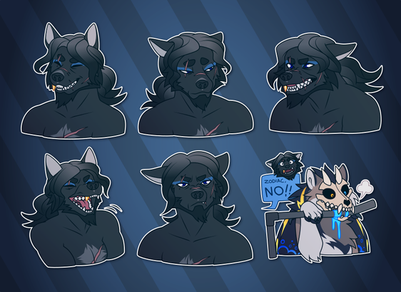 Telegram stickers of a scarred and grizzled anthro wolf. In them, he grins, showing that his right canine tooth is capped in gold; looks down somberly; snarls and bares his teeth; laughs raucously; looks straight at the viewer, unimpressed; and screams "Zodiac, no!" in a panic while a draconic monster in the foreground bends and chews on an important metal pipe.