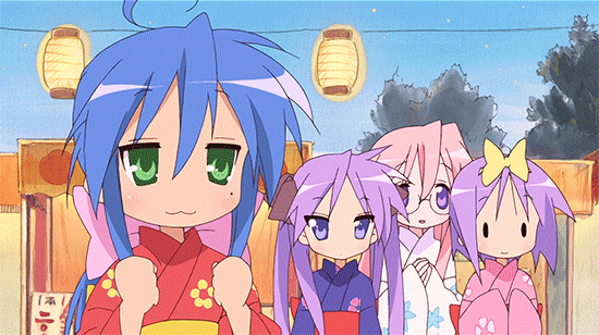 Konata from Lucky Star wearing a yukata, smiling and giving the good luck and keep fighting gesture while the rest of the LS cast looks on behind her.