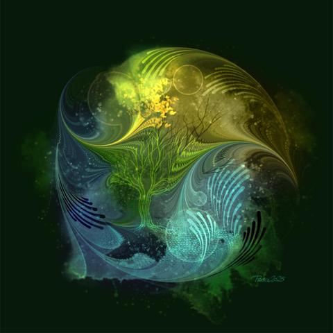 watercolour; a green background with a circular image of a tree being pulled into different directions by fractal forces swirling, groups of differently coloured droplets form curves in different directions, colour variations of warm yellow, green and blue.