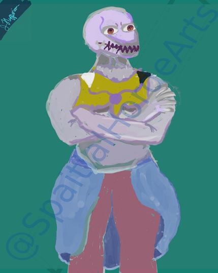 A pinkish purple god with a reptilian shaped head spouts red eyes with fire burning in them. They have sharp teeth protruding from its maw. It stands with arms crossed, slightly leaning to the right. They wear a gold chest piece that stops just above top surgery scars. There is a purple pendant on the chest piece that links to a triangle on either shoulder. The right is white, the left is black. Its stomach is exposed just below their crossed arms. Wearing red pants with a blue wrap around the back.