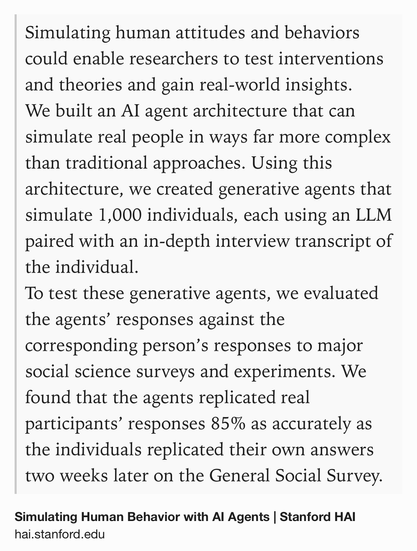 Text Shot: Simulating human attitudes and behaviors could enable researchers to test interventions and theories and gain real-world insights.
We built an AI agent architecture that can simulate real people in ways far more complex than traditional approaches. Using this architecture, we created generative agents that simulate 1,000 individuals, each using an LLM paired with an in-depth interview transcript of the individual.
To test these generative agents, we evaluated the agents’ responses against the corresponding person’s responses to major social science surveys and experiments. We found that the agents replicated real participants’ responses 85% as accurately as the individuals replicated their own answers two weeks later on the General Social Survey.