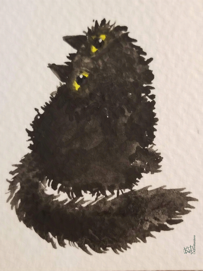 Watercolor of an imp in the form of a black cat peers at you with big yellow eyes. You want to pet it? You will regret it!