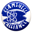 Clamshell Alliance logo, in blue, with an image of a clamshell