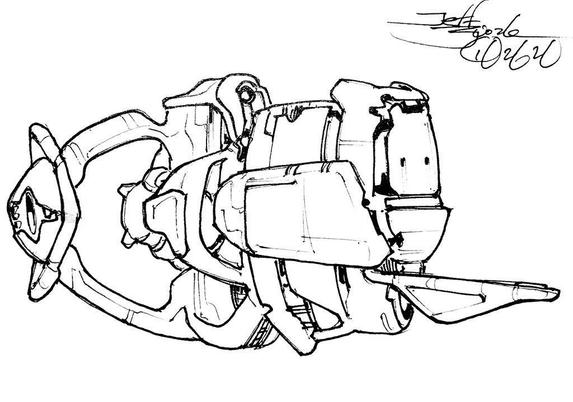 Black and white line art sketch of an imaginative sci fi spaceship. Each one is very different.