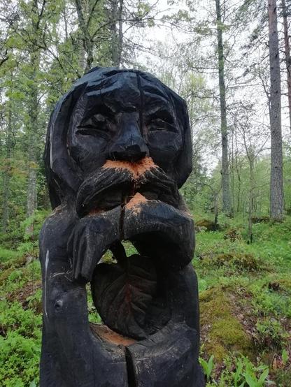 Tummaksi käsitelty puuveistos. Se esittää viiksekästä vanhaa ukkoa, jonka rintakehässä olevassa aukossa roikkuu puun lehti. Nenän alla viiksien päällä on vaaleaa purua toukkien jäljiltä.