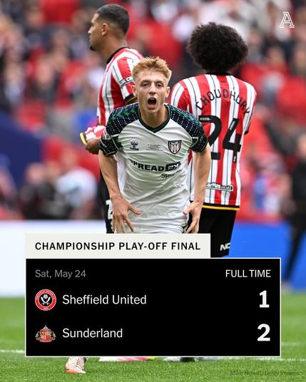 LONDON, ENGLAND - MAY 24: Tom Watson of Sunderland celebrates scoring his team's second goal during the Sky Bet Championship Play-Off Final match between Sheffield United and Sunderland at Wembley Stadium on May 24, 2025 in London, England.