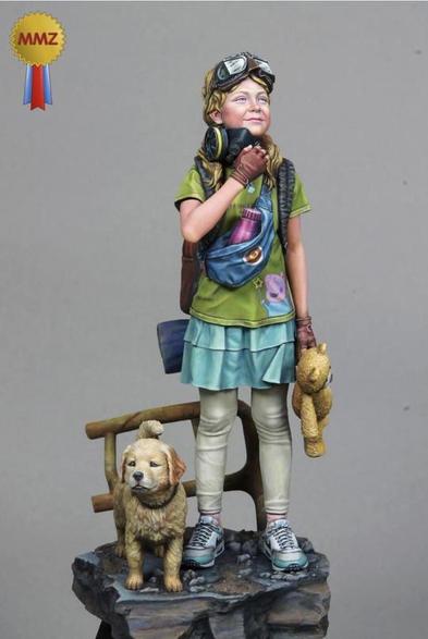This image showcases a stunningly detailed miniature figure of a young girl, radiating an adventurous and nostalgic charm. The girl is dressed in a quirky, layered outfit that speaks of youthful imagination and exploration. She wears a lime-green T-shirt adorned with whimsical illustrations—one of which appears to be a playful monster or alien figure—paired with a turquoise skirt and off-white leggings. Her sneakers, slightly scuffed, suggest practical comfort for her adventurous pursuits. She sports a brown fingerless glove on one hand, adding a sense of rugged curiosity to her otherwise playful appearance.