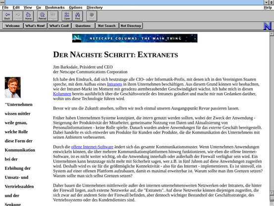 A screengrab of http://home.netscape.com/de/comprod/columns/mainthing/extranets.html from Jun 1997