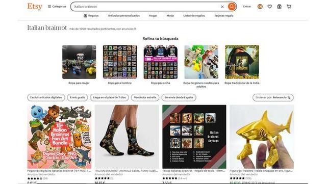 Pàgina de la botiga en línia d'Etsy amb diferents articles de marxandatge amb els personatges de l'"italian brain rot" com a protagonistes (Etsy)