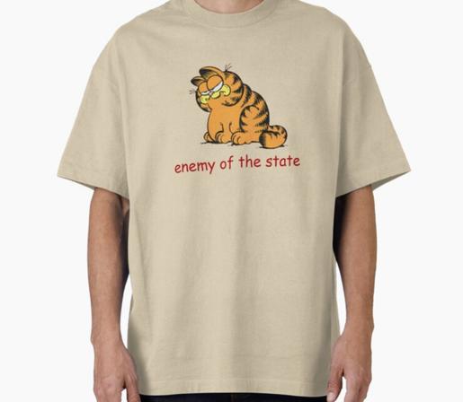 80s Garfield looking disgruntled. 
Underneath caption reads "enemy of the state".