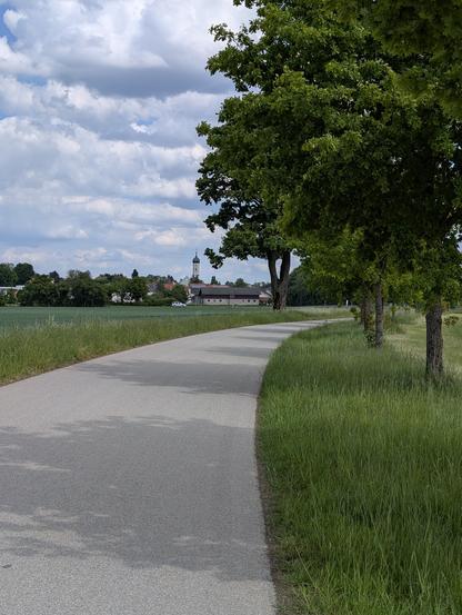 Une large piste cyclable goudronnée au milieu de champs. Sur le coté droit des arbres et au loin le clocher de Zorneding