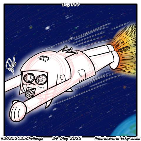 Drawing of Darlo piloting a Darlo shaped rocket ship, flying through space above the Earth.
