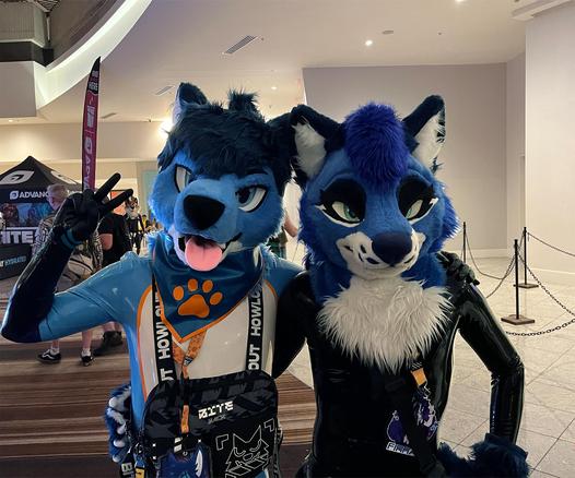 a pic of me and @firra.ca. i'm wearing my fursona latex suit, my fursuit head, a rubber bandana, and a howlout chest bag. firra is wearing a black latex suit and their fursuit head and hand paws