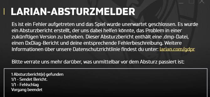 "Absturzbericht gefunden ... Sendet Bericht ... Fehlschlag"