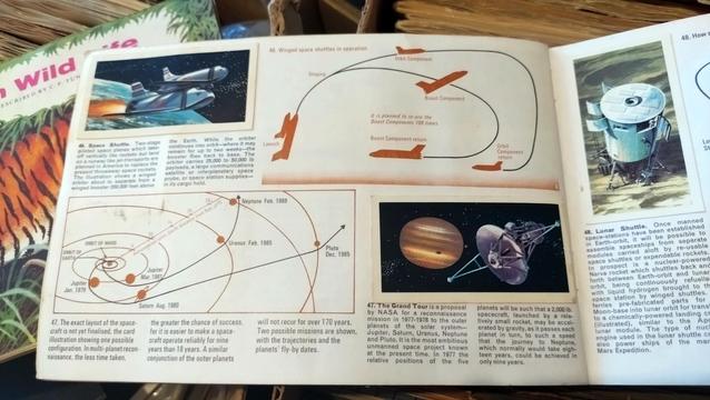 Page from the space book, showing a very much artist's-impression of what the space shuttle will look like, and plans for The Grand Tour, upcoming in 1977-8.