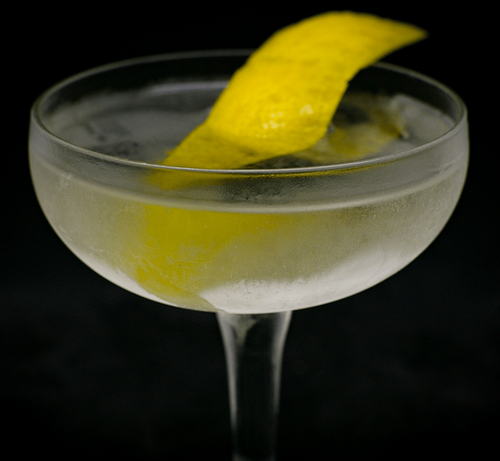 The cocktail itself in a chilled coupe and garnish with a lemon twist