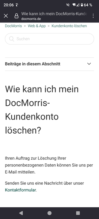 Das Bild zeigt einen Ausschnitt von einer Webseite von DocMorris. Es handelt sich um Informationen darüber, wie man ein DocMorris-Kundenkonto löschen kann. Der Text erklärt, dass man den Auftrag zur Löschung personenbezogener Daten per E-Mail mitteilen kann und verweist auf ein Kontaktformular für weitere Nachrichten.