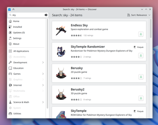 A screenshot of Discover, Plasma's inbuilt software manager/app store, showing cards with different games on offer