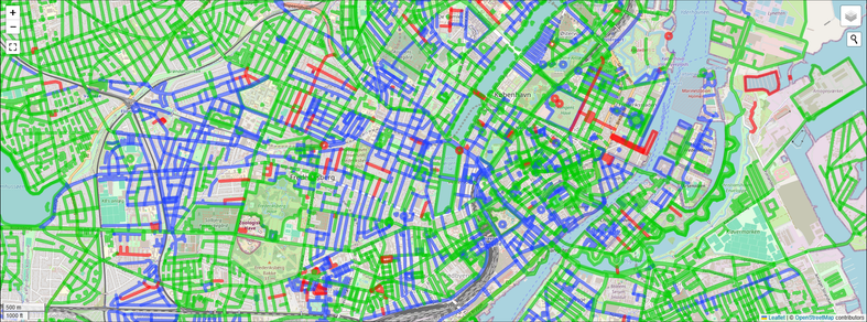 Map of Copenhagen, Denmark, with a lot of roads marked in red (women), blue (men) and green (other stuff, e.g. animals, countries, plants), highlighting what the roads are named after.