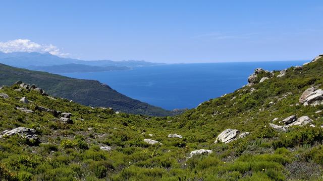 Paysage de Méditerranée. Mer bleue, ciel bleu, maquis