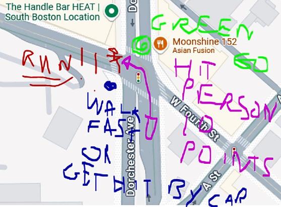 From complaint: Annotated map of South Boston intersection, including: Hit Person, 10 Points
