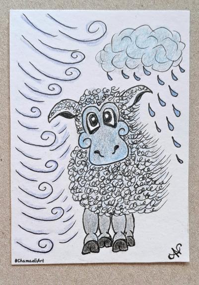 Mit schwarzem Pigmentliner (Tinte) und Aquarellbuntstiften im Hochformat in ATC-Größe gezeichnet: Ein niedliches, blaugraues Schaf im Comicstyle mit lockigem Fell, von vorn gesehen. Von links kommen einige, teils gewellte Linien, die Wind andeuten. Das Fell des Schafs scheint ein wenig nach rechts wegzuwehen. Oben rechts ist eine Regenwolke zu sehen, aus der ein paar Regentropfen fallen.